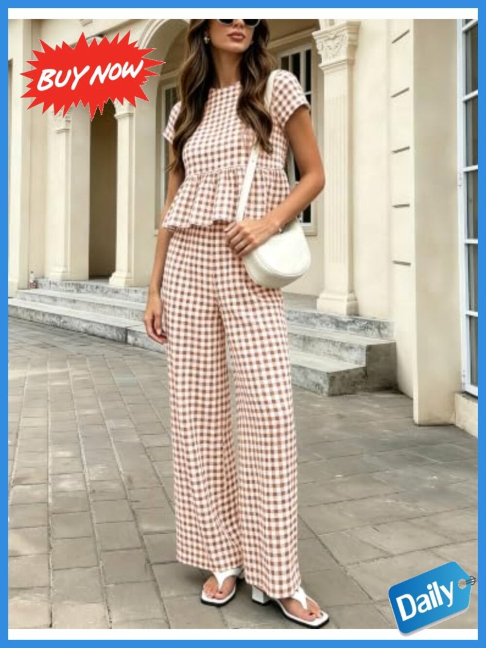 Gingham Plaid Two-Piece Set Ruffle Top Wide Leg Pants - Picture 4 of 4
